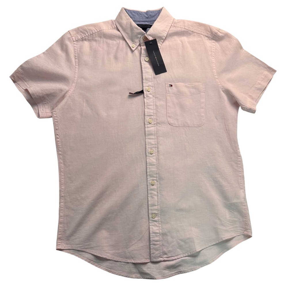 Tommy Hilfiger Mens Pink Linen Blend Short Sleeve Button Down Shirt M